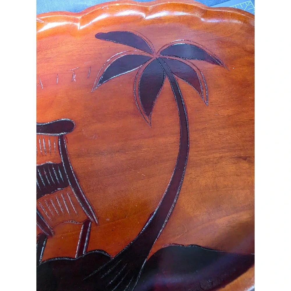 Vintage Haiti Hand Carved Wooden Tray Tropical Palm Tree Scalloped Platter